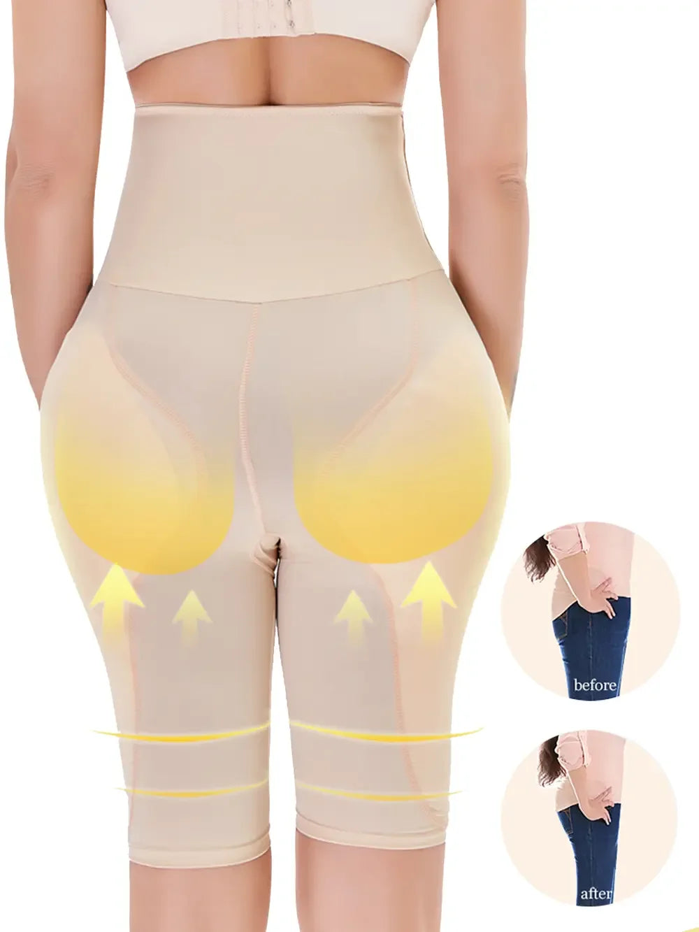High-waisted beige body shaper shorts for women, highlighting slimming and lifting effect, before and after results inset.